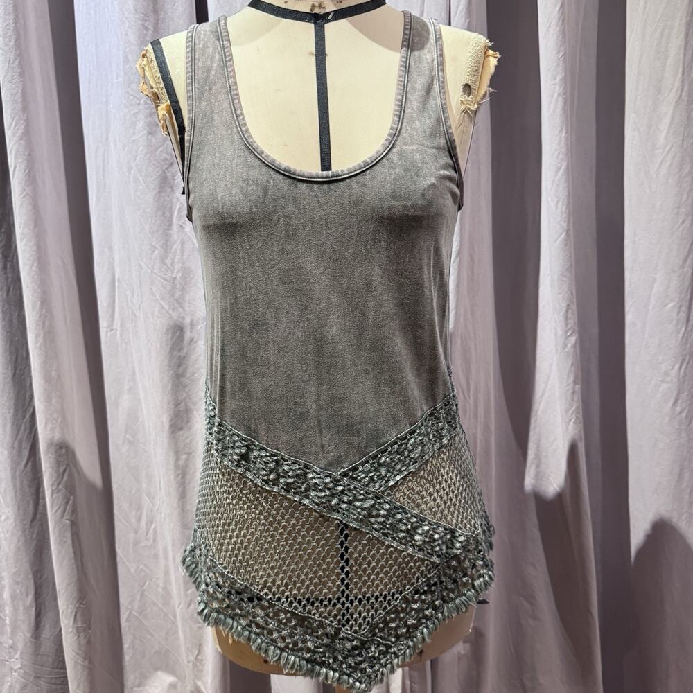 Ann Ferriday Vintage Dye Stretch Viscose , Cotton Lace And Fishnet Top S